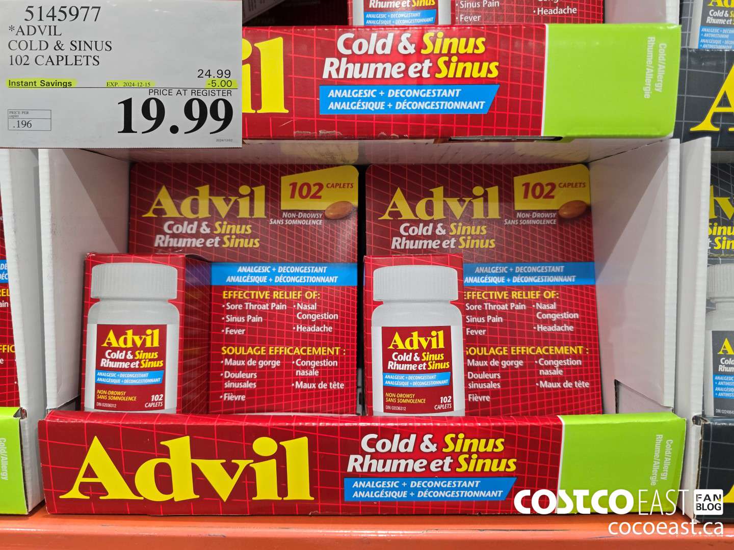 5145977 ADVIL COLD & SINUS 102 CAPLETS ($5.00 INSTANT SAVINGS EXPIRES ON 2024-12-15) $19.99