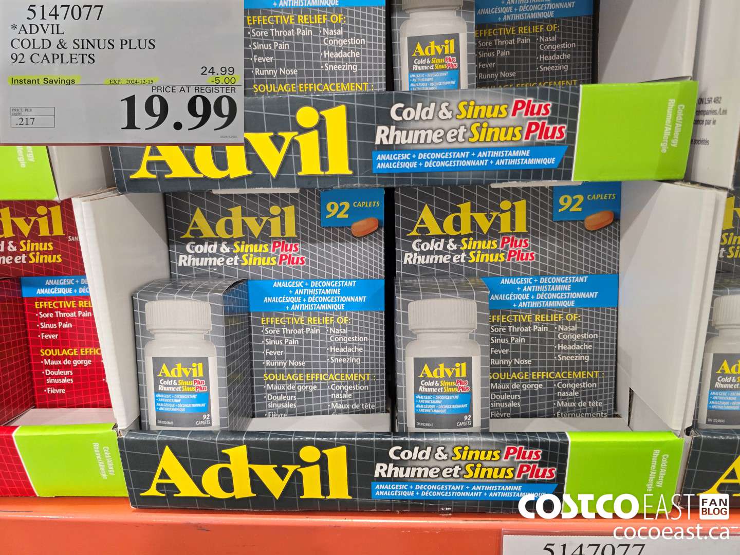5147077 ADVIL COLD & SINUS PLUS 92 CAPLETS ($5.00 INSTANT SAVINGS EXPIRES ON 2024-12-15) $19.99