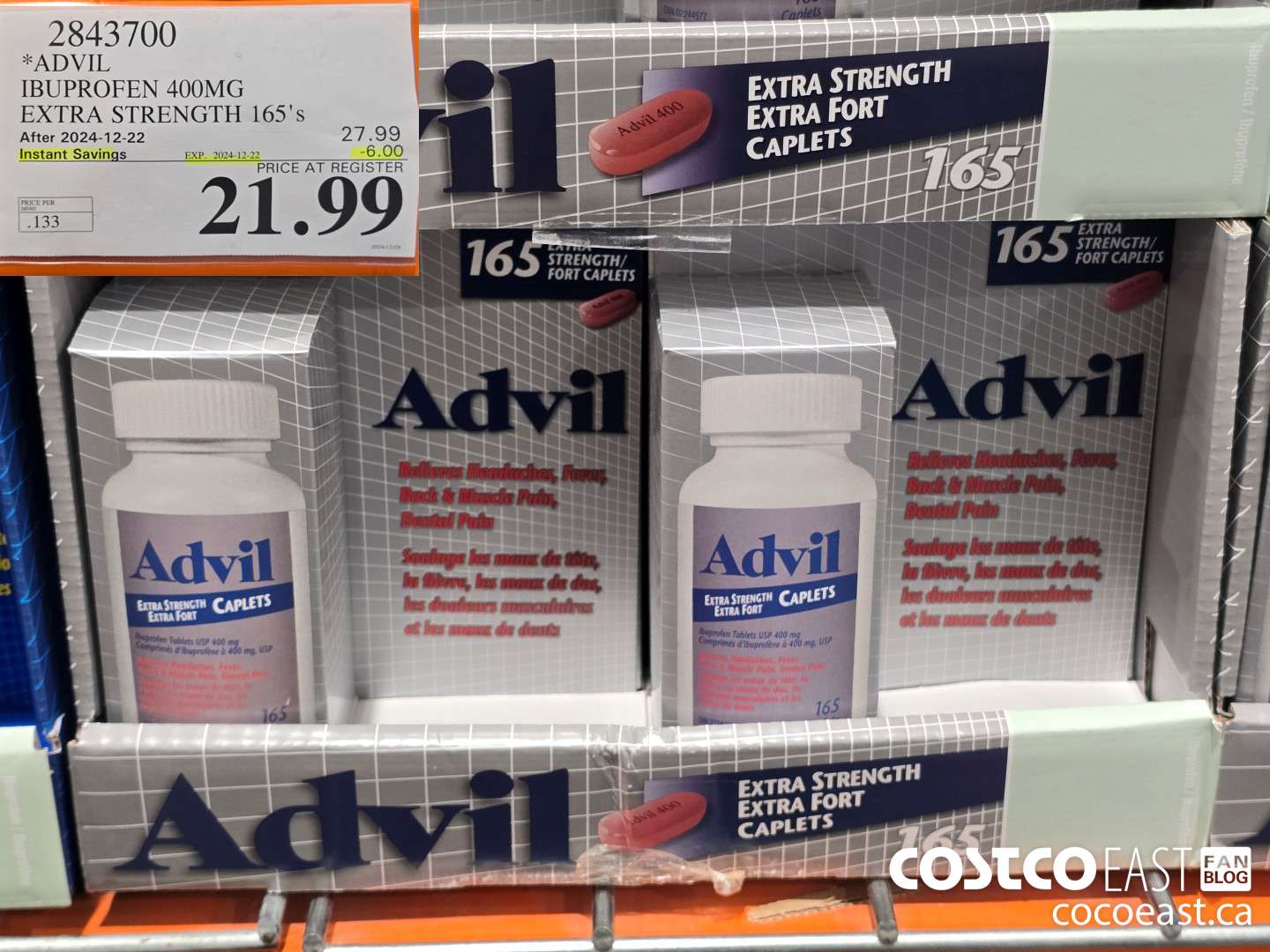 2843700 ADVIL IBUPROFEN 400MG EXTRA STRENGTH 165's ($6.00 INSTANT SAVINGS EXPIRES ON 2024-12-22) $21.99