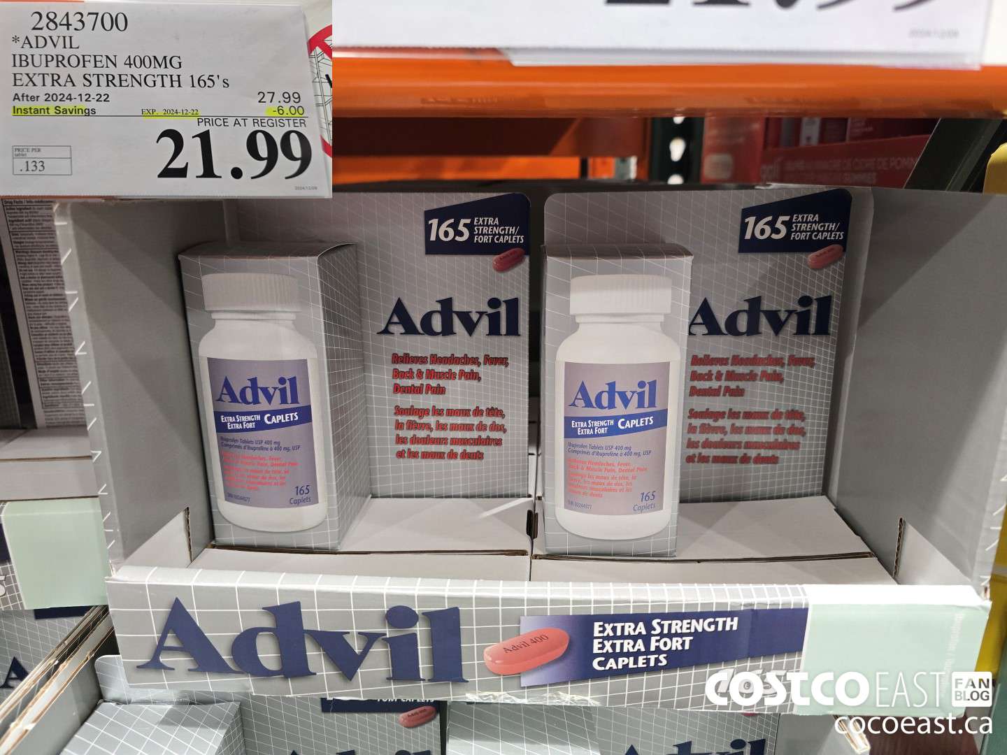 2843700 ADVIL IBUPROFEN 400MG EXTRA STRENGTH 165's ($6.00 INSTANT SAVINGS EXPIRES ON 2024-12-22) $21.99