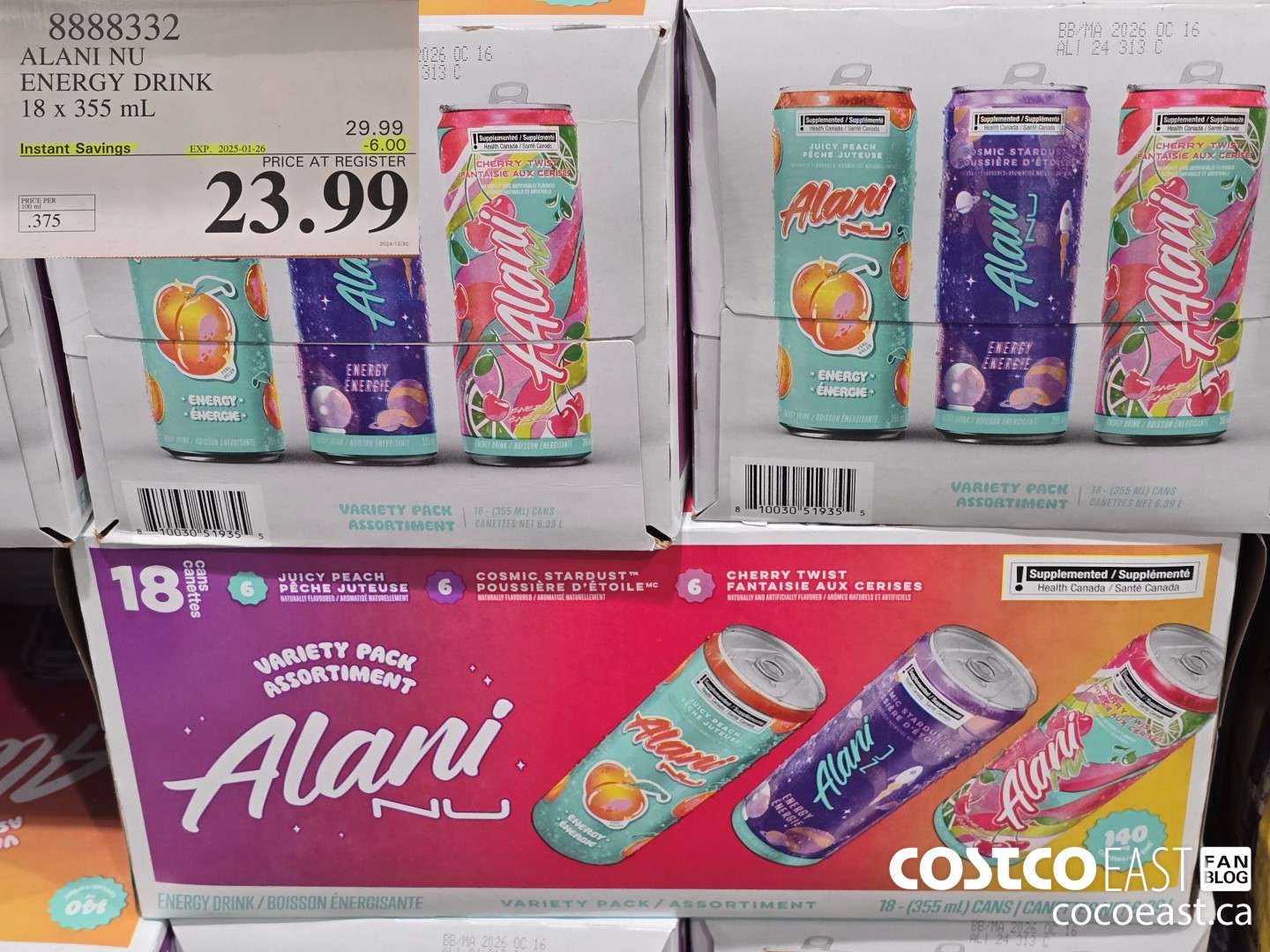 8888332 ALANI NU ENERGY DRINK 18 x 355 mL ($6.00 INSTANT SAVINGS EXPIRES ON 2025-01-26) $23.99