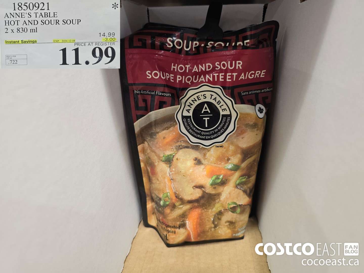1850921 ANNE'S TABLE HOT AND SOUR SOUP 2 x 830 ml ($3.00 INSTANT SAVINGS EXPIRES ON 2024-12-08) $11.99
