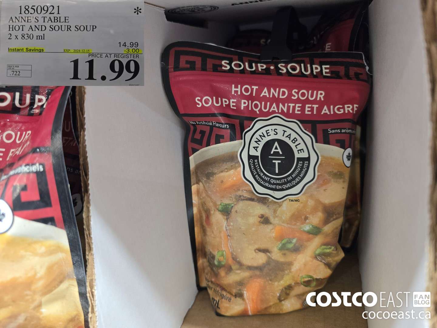 1850921 ANNE'S TABLE HOT AND SOUR SOUP 2 x 830 ml ($3.00 INSTANT SAVINGS EXPIRES ON 2024-12-15) $11.99