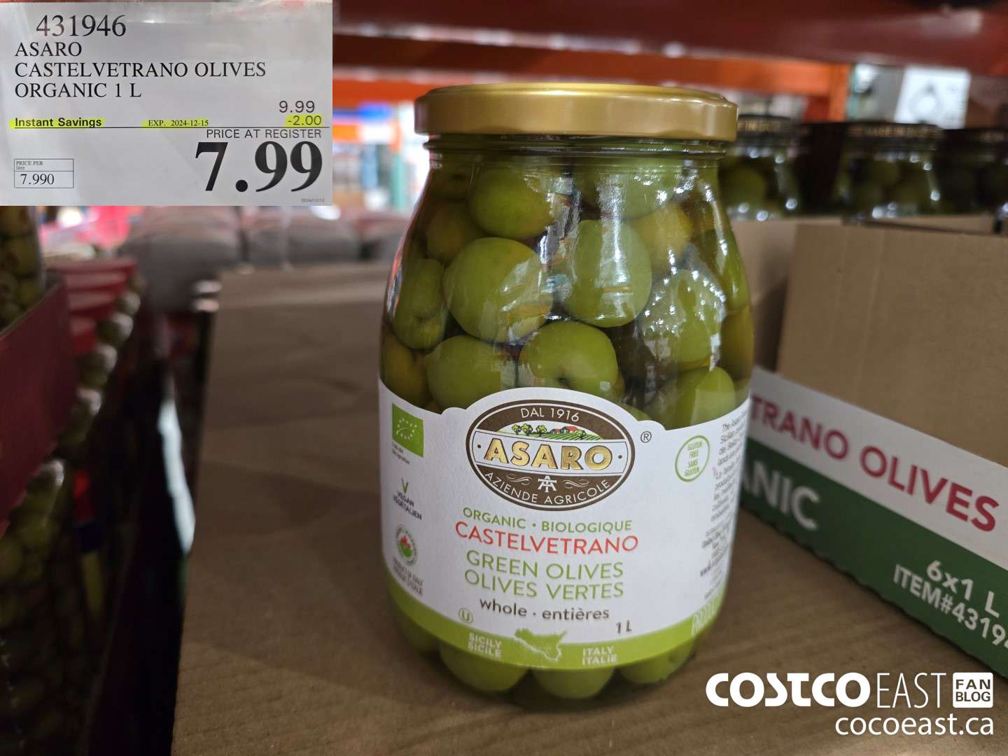 431946 ASARO CASTELVETRANO OLIVES ORGANIC 1 L ($2.00 INSTANT SAVINGS EXPIRES ON 2024-12-15) $7.99