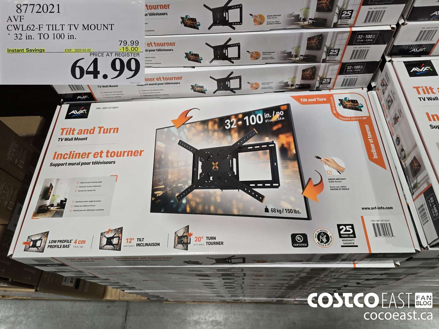 8772021 AVF CWL62-F TILT TV MOUNT 32 in. TO 100 in.  ($15.00 INSTANT SAVINGS EXPIRES ON 2025-01-02) $64.99