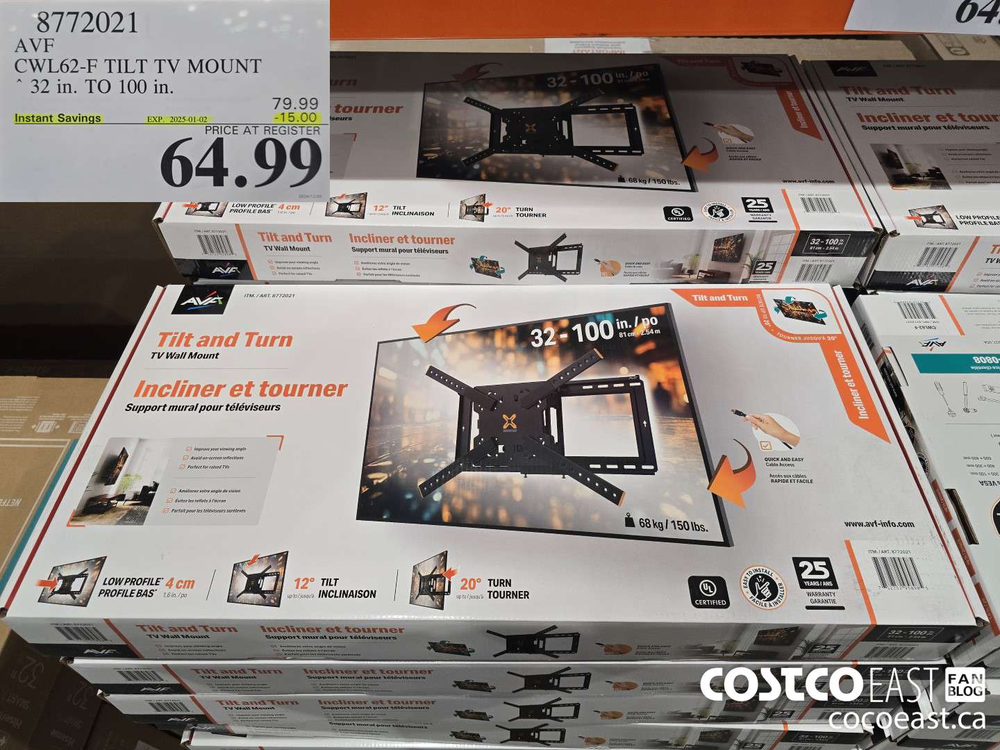 8772021 AVF CWL62-F TILT TV MOUNT 32 in. TO 100 in.  ($15.00 INSTANT SAVINGS EXPIRES ON 2025-01-02) $64.99