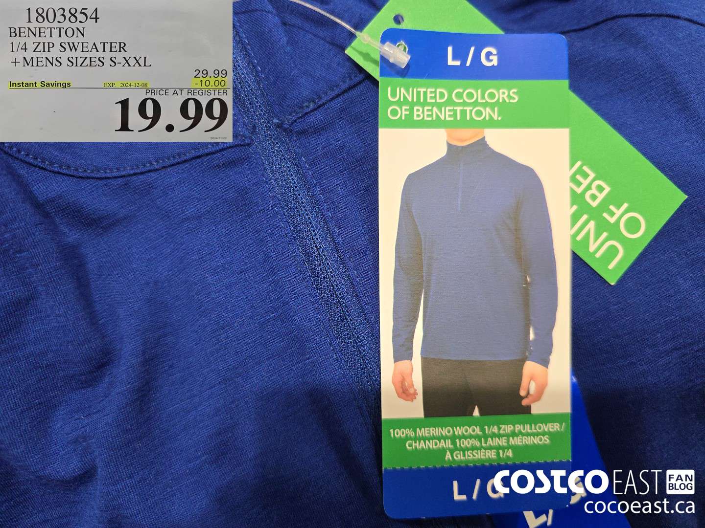 1803854 BENETTON 1/4 ZIP SWEATER +MENS SIZES S-XXL ($10.00 INSTANT SAVINGS EXPIRES ON 2024-12-08) $19.99