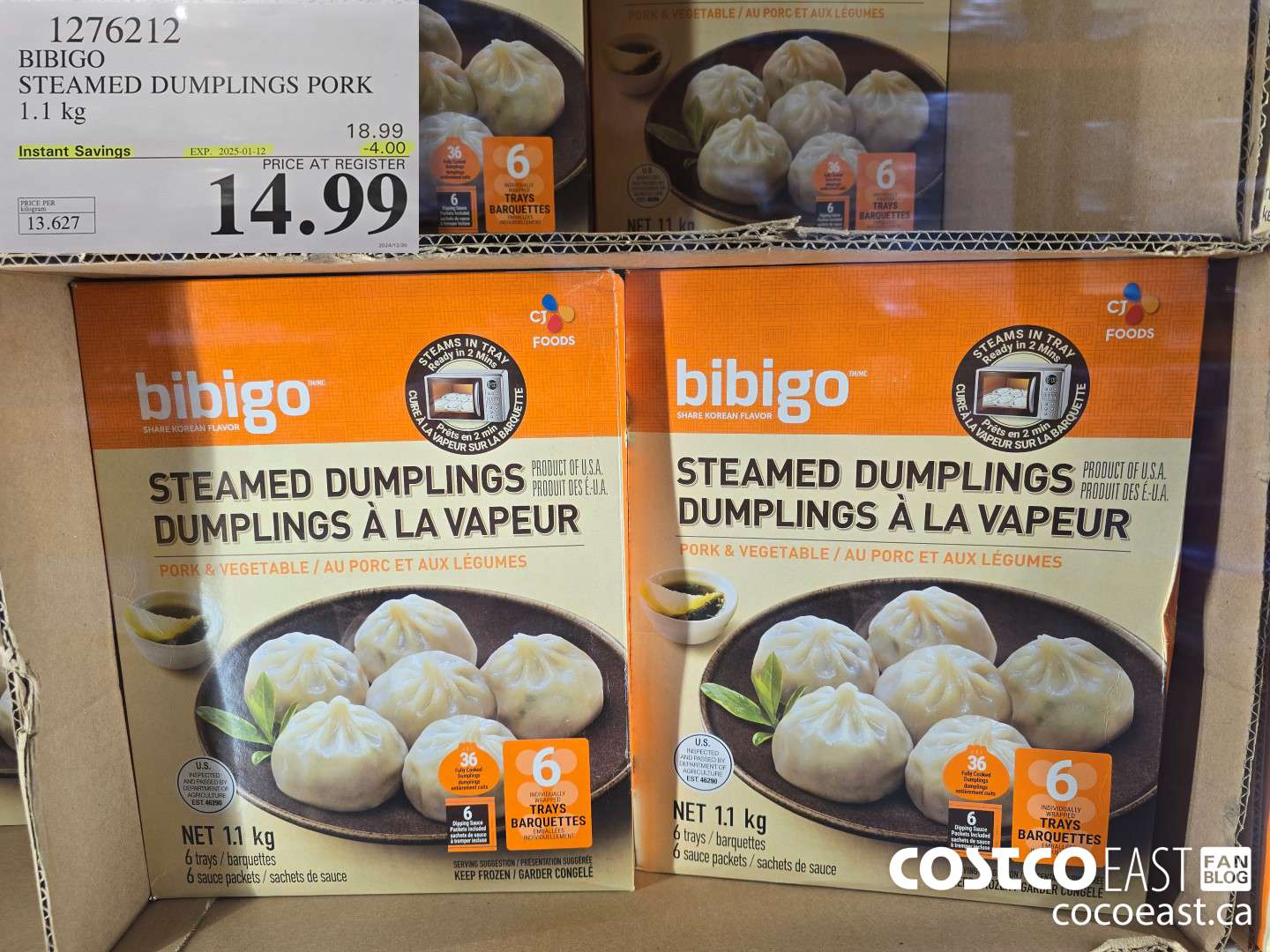 1276212 BIBIGO STEAMED DUMPLINGS PORK 1.1 KG ($4.00 INSTANT SAVINGS EXPIRES ON 2025-01-12) $14.99