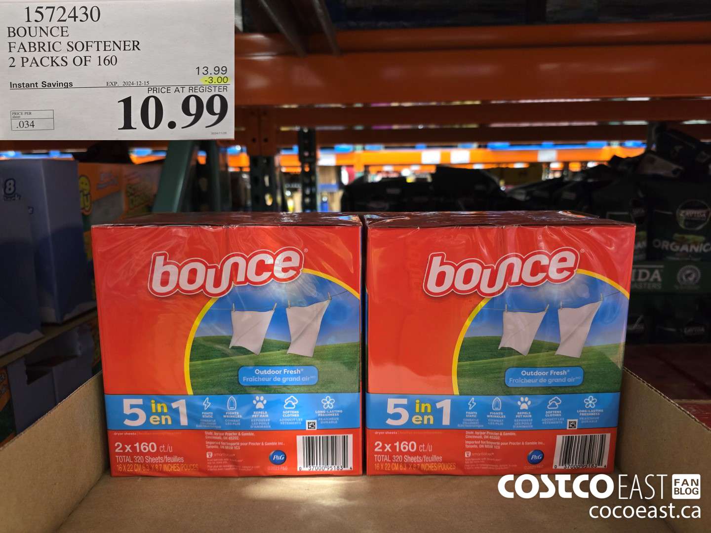 1572430 BOUNCE FABRIC SOFTENER 2 PACKS OF 160 ($3.00 INSTANT SAVINGS EXPIRES ON 2024-12-15) $10.99
