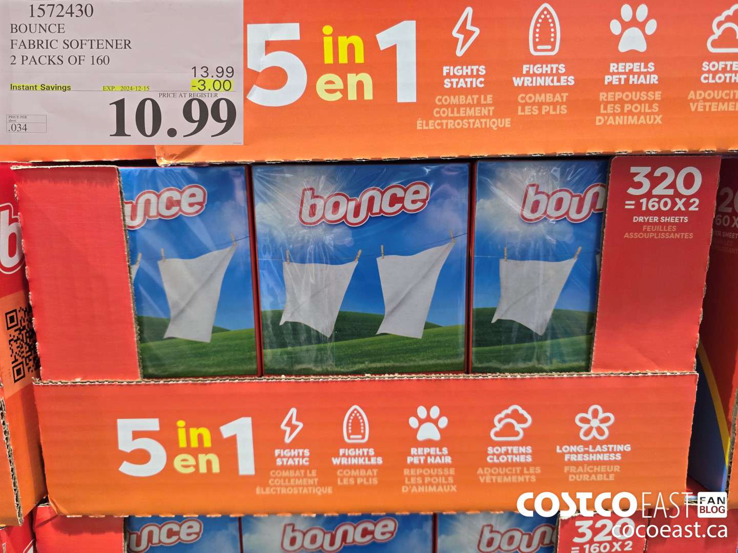 1572430 BOUNCE FABRIC SOFTENER 2 PACKS OF 160 ($3.00 INSTANT SAVINGS EXPIRES ON 2024-12-15) $10.99