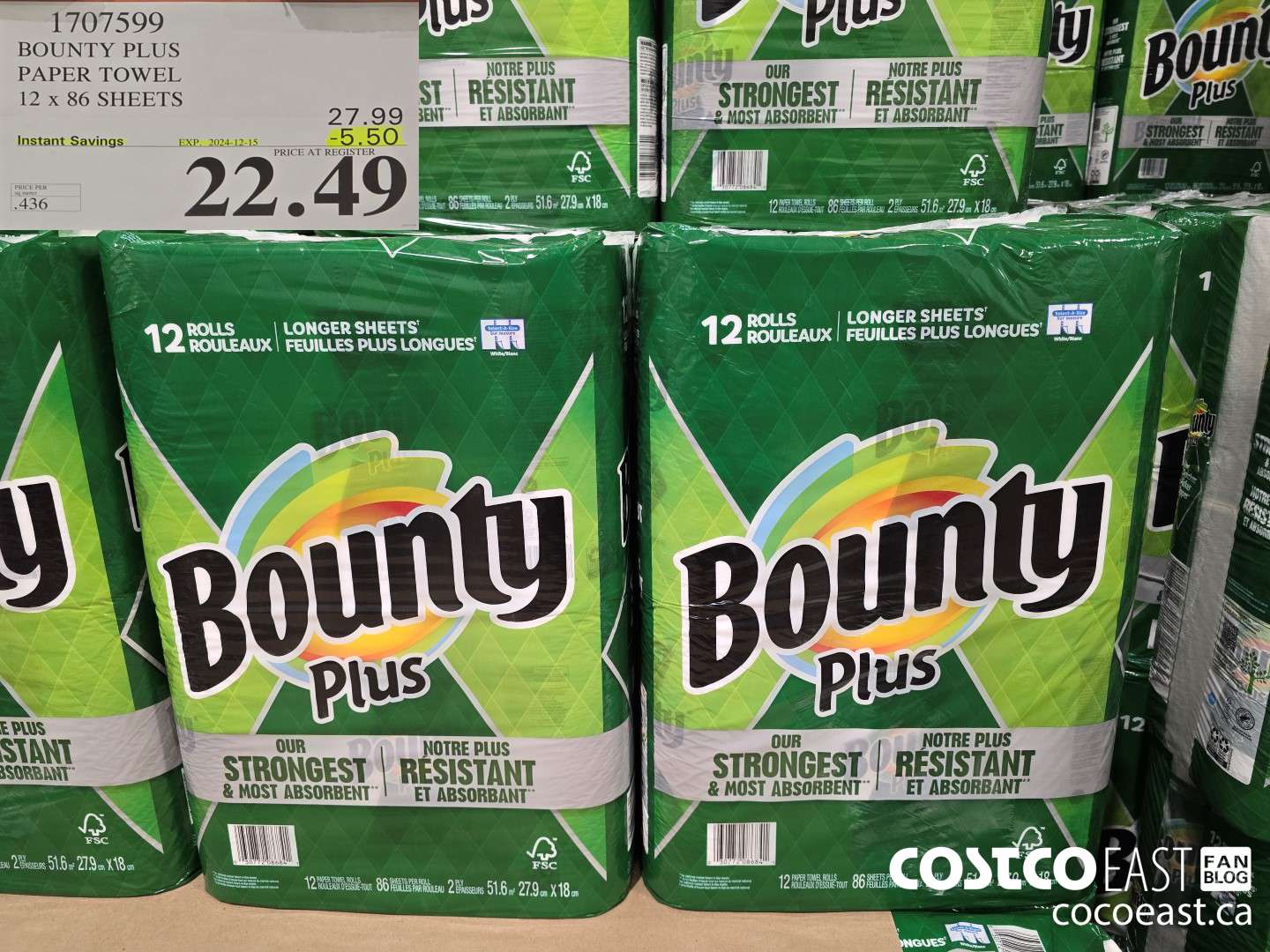 1707599 BOUNTY PLUS PAPER TOWEL 12 x 86 sheets ($5.50 INSTANT SAVINGS EXPIRES ON 2024-12-15) $22.49