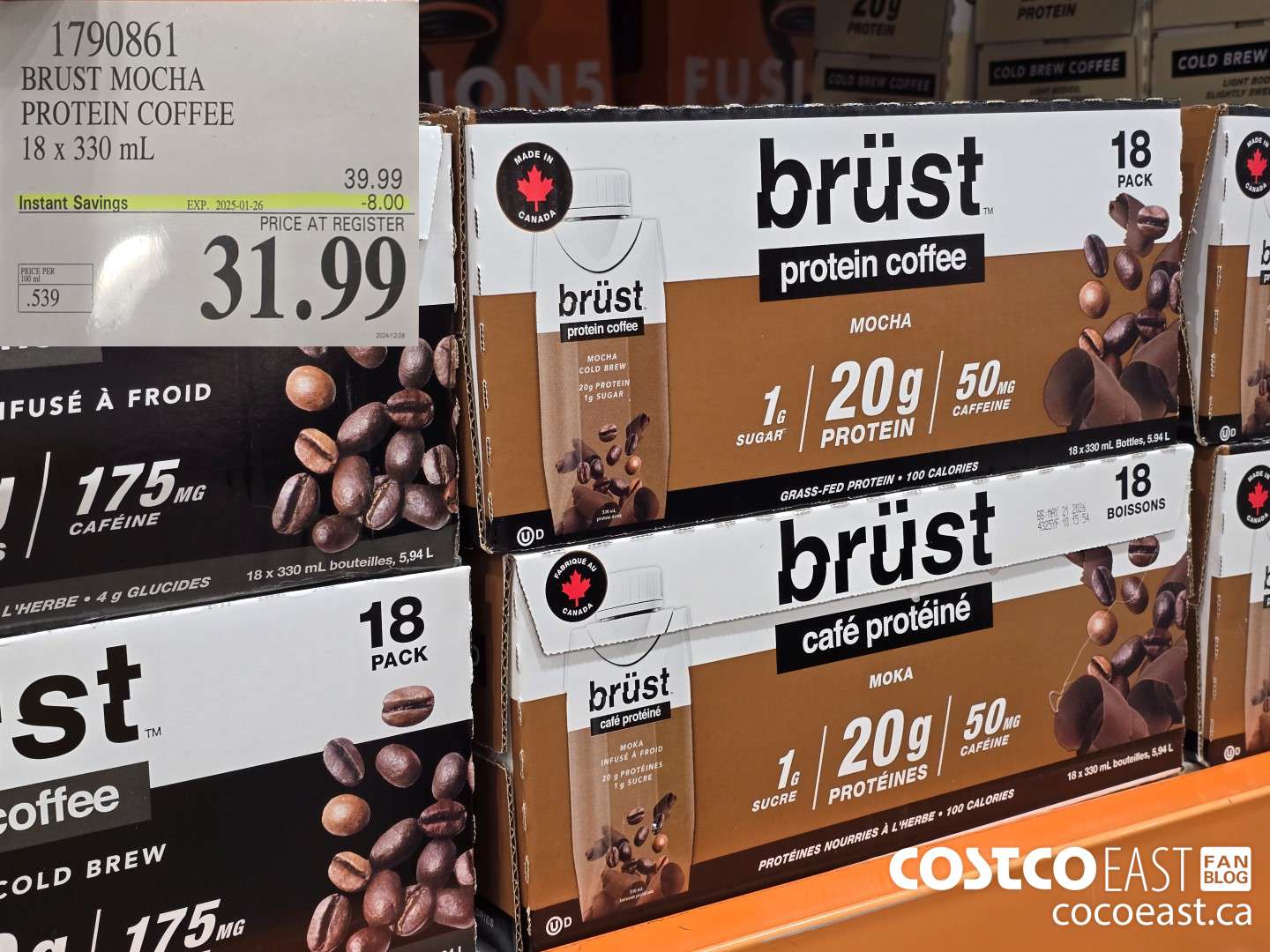 1790861 BRUST MOCHA PROTEIN COFFEE 18 x 330 mL ($8.00 INSTANT SAVINGS EXPIRES ON 2025-01-26) $31.99
