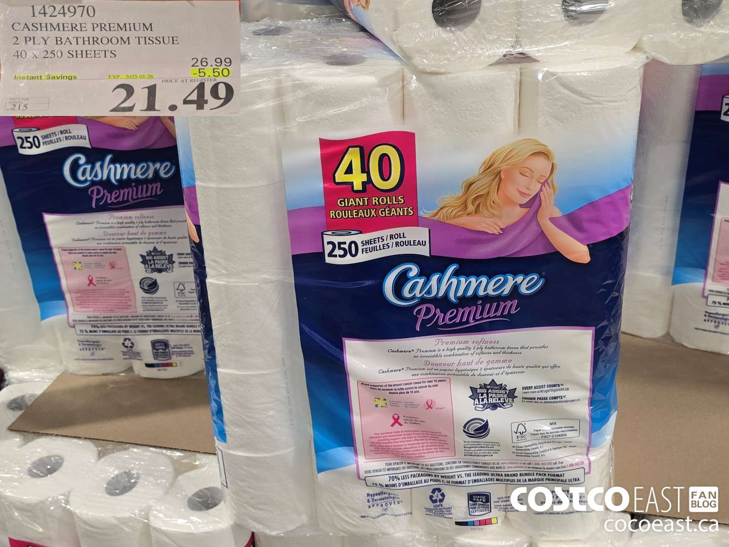 1424970 CASHMERE PREMIUM 2 PLY BATHROOM TISSUE 40 x 250 sheets ($5.50 INSTANT SAVINGS EXPIRES ON 2025-01-26) $21.49