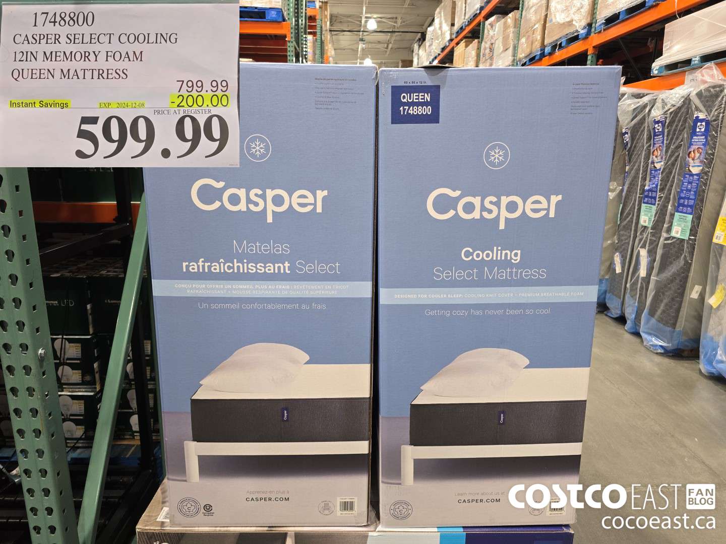 1748800 CASPER SELECT COOLING 12IN MEMORY FOAM QUEEN MATTRESS ($200.00 INSTANT SAVINGS EXPIRES ON 2024-12-08) $599.99