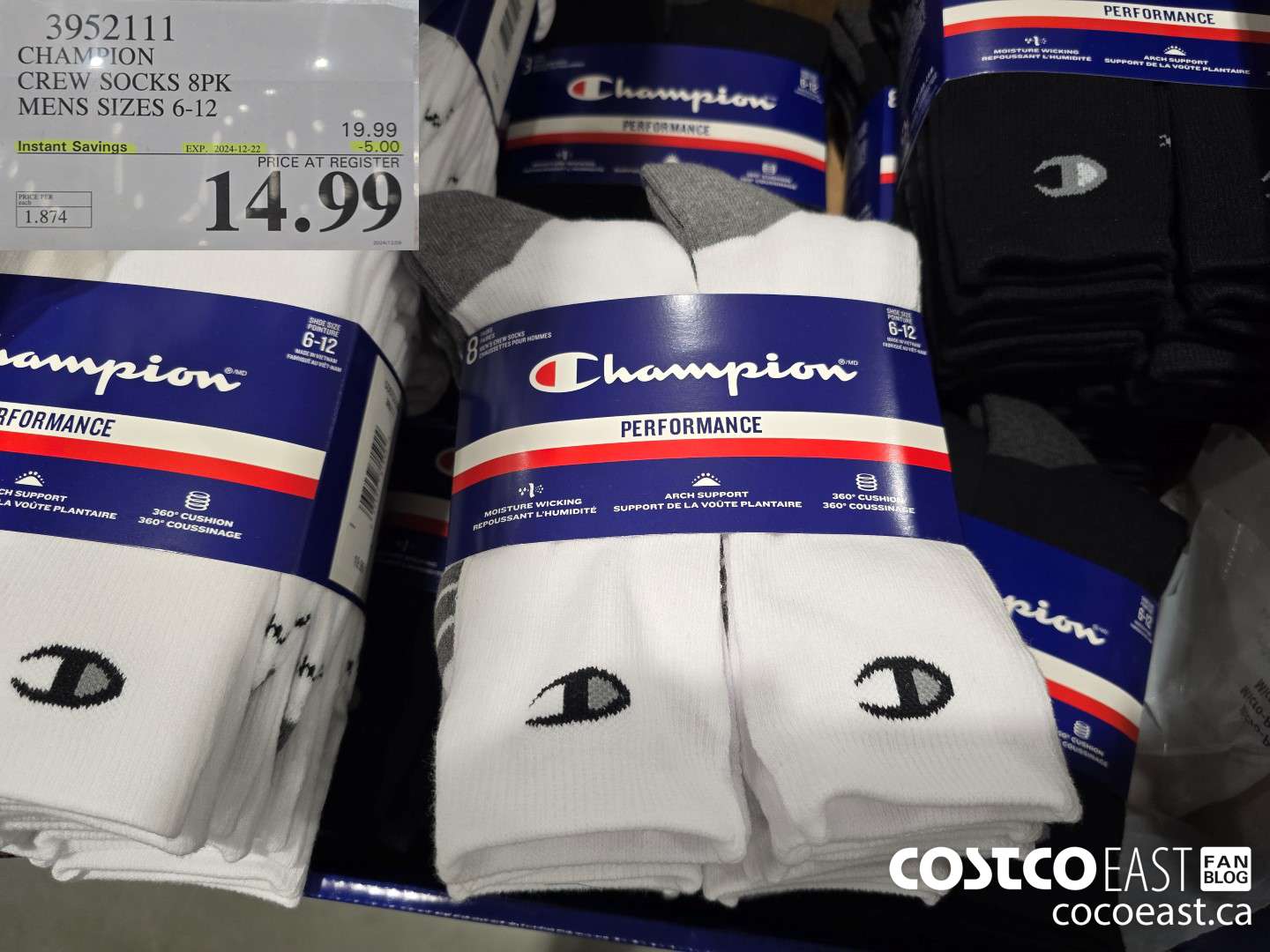 3952111 CHAMPION CREW SOCKS 8PK MENS SIZES 6-12 ($5.00 INSTANT SAVINGS EXPIRES ON 2024-12-22) $14.99