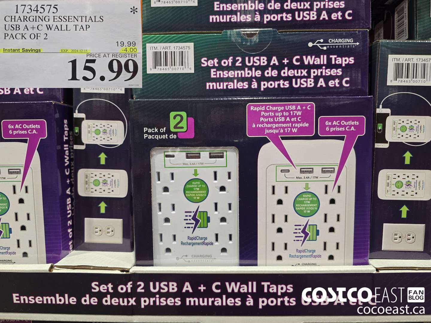1734575 CHARGING ESSENTIALS USB A+C WALL TAP PACK OF 2 ($4.00 INSTANT SAVINGS EXPIRES ON 2024-12-15) $15.99
