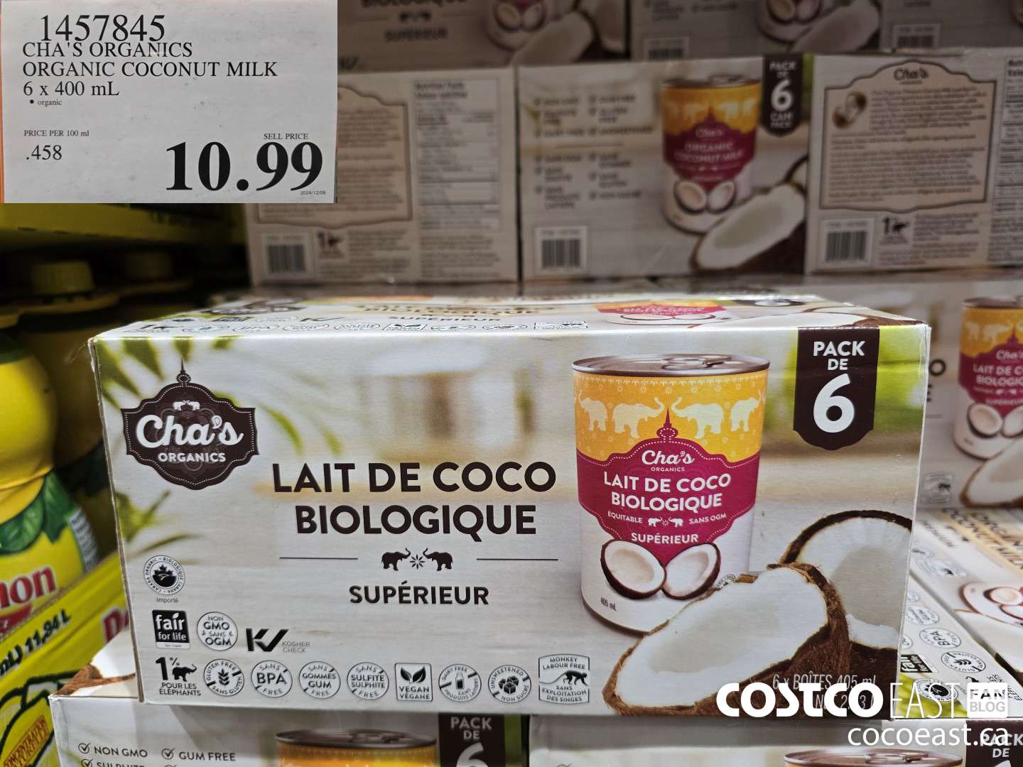 1457845 CHA'S ORGANICS ORGANIC COCONUT MILK 6 x 400 ml $10.99
