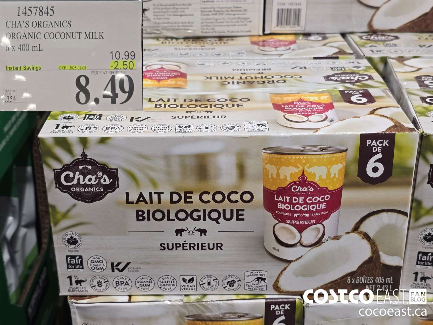 1457845 CHA'S ORGANICS ORGANIC COCONUT MILK 6 x 400 ml ($2.50 INSTANT SAVINGS EXPIRES ON 2025-01-05) $8.49
