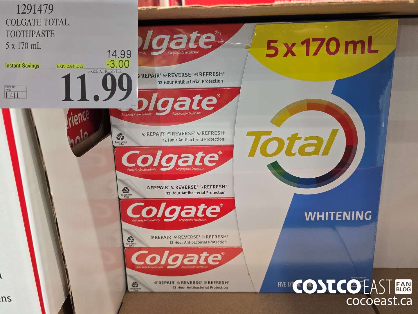 1291479 COLGATE TOTAL TOOTHPASTE 5 x 170 mL ($3.00 INSTANT SAVINGS EXPIRES ON 2024-12-22) $11.99