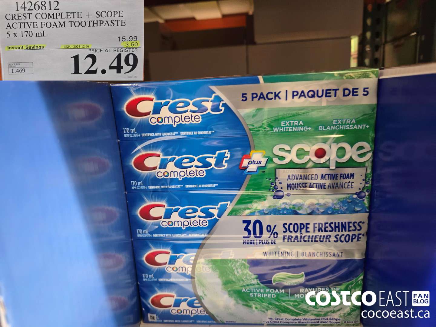 1426812 CREST COMPLETE + SCOPE ACTIVE FOAM TOOTHPASTE 5 X 170 ML ($3.50 INSTANT SAVINGS EXPIRES ON 2024-12-08) $12.49