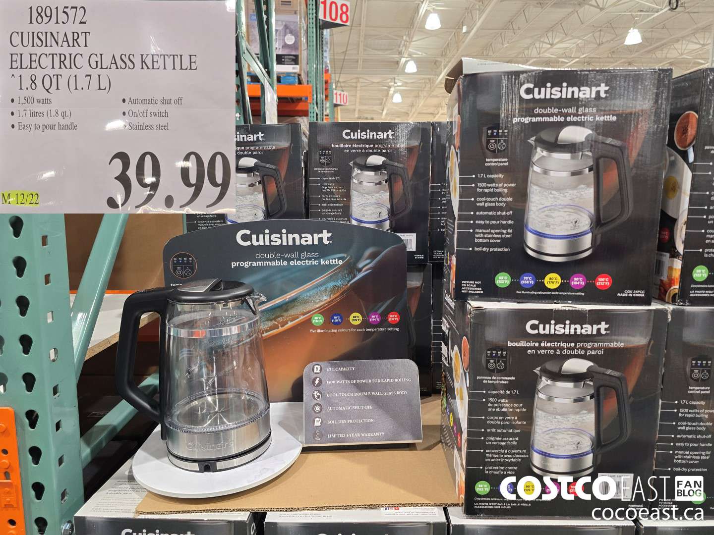 1891572 CUISINART ELECTRIC GLASS KETTLE 1.8 QT (1.7L) $39.99