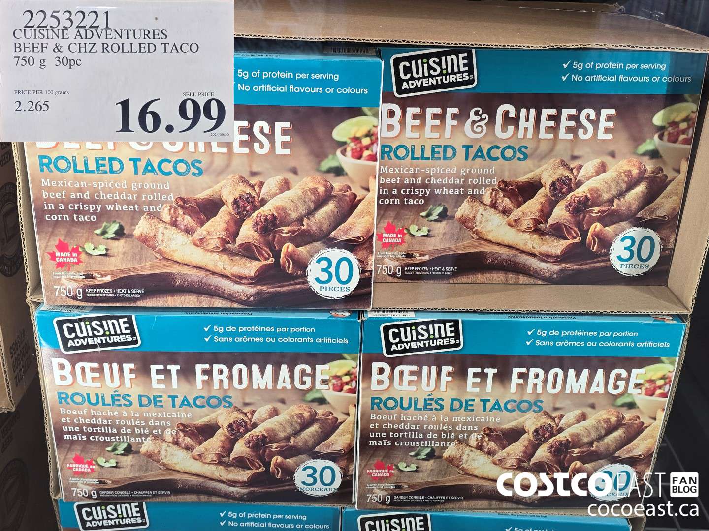 2253221 CUISINE ADVENTURES BEEF & CHZ ROLLED TACO 750 g 30pc $16.99