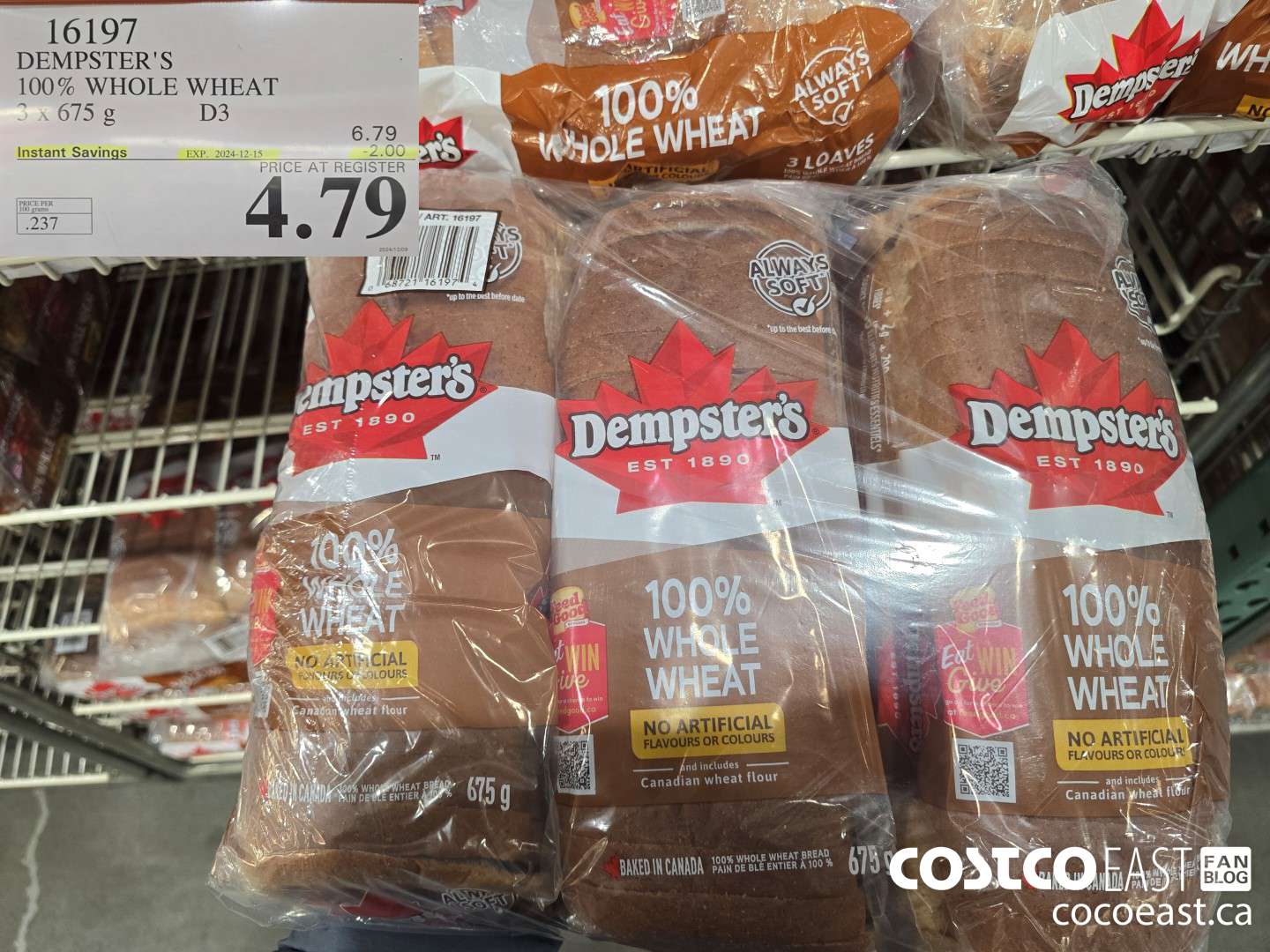 16197 DEMPSTER'S 100% WHOLE WHEAT 3 X 675 G ($2.00 INSTANT SAVINGS EXPIRES ON 2024-12-15) $4.79