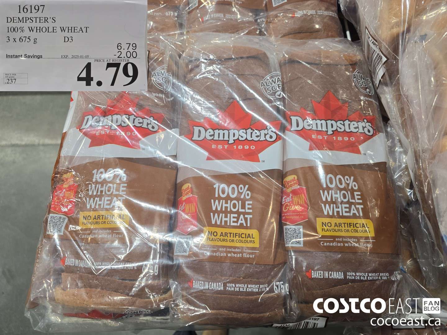 16197 DEMPSTER'S 100% WHOLE WHEAT 3 X 675 G ($2.00 INSTANT SAVINGS EXPIRES ON 2025-01-05) $4.79