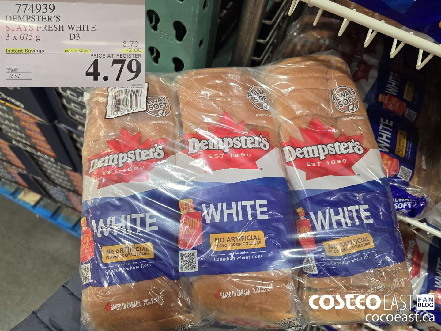 774939 DEMPSTER'S STAYS FRESH WHITE 3 x 675 g ($2.00 INSTANT SAVINGS EXPIRES ON 2024-12-15) $4.79