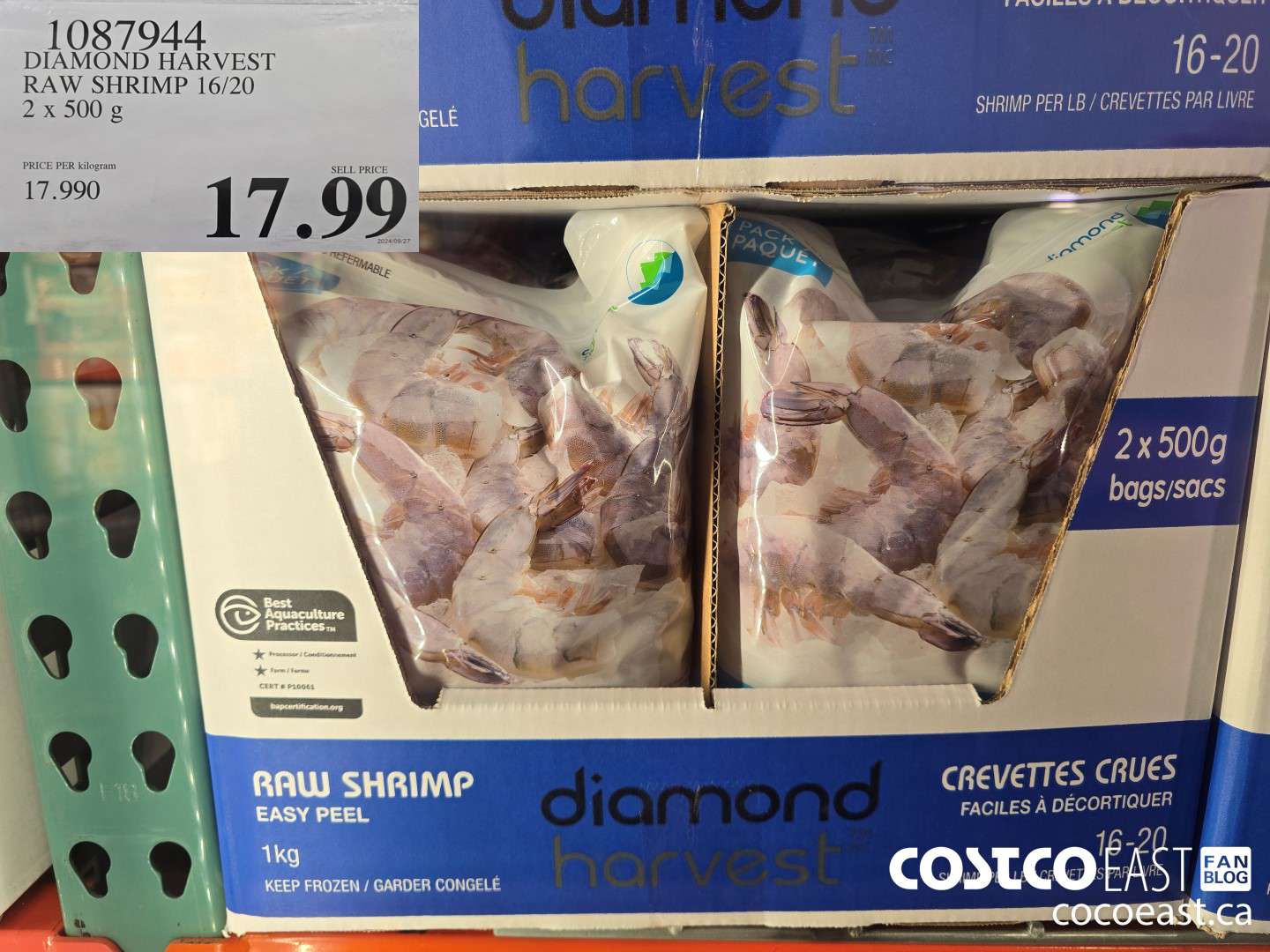 1087944 DIAMOND HARVEST RAW SHRIMP 16/20 2 x 500 g $17.99