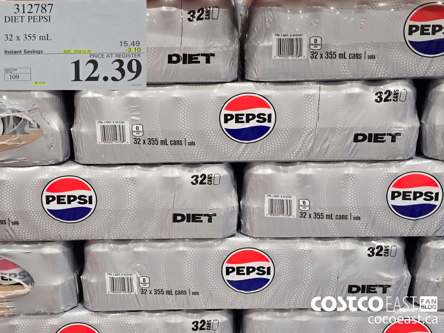 312787 DIET PEPSI 32 X 355 ML ($3.10 INSTANT SAVINGS EXPIRES ON 2024-12-29) $12.39