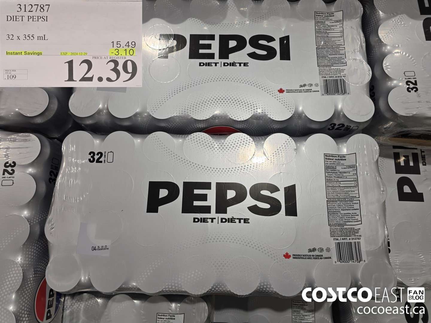 312787 DIET PEPSI 32 X 355 ML ($3.10 INSTANT SAVINGS EXPIRES ON 2024-12-29) $12.39