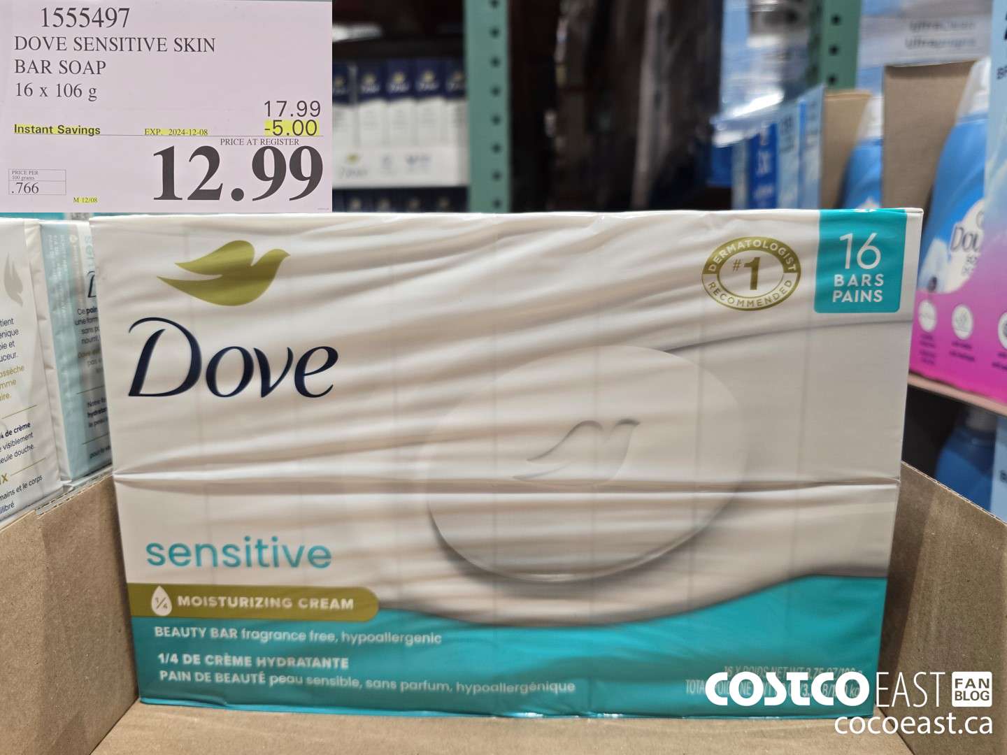 1555497 DOVE BAR SOAP SENSITIVE 16 x 106 g ($5.00 INSTANT SAVINGS EXPIRES ON 2024-12-08) $12.99