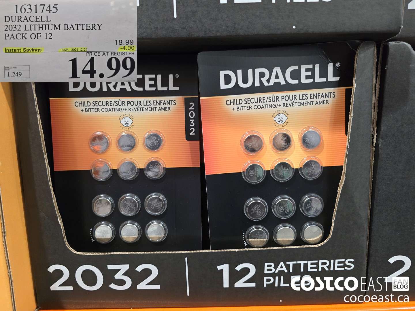 1631745 DURACELL 2032 LITHIUM BATTERY PACK OF 12 ($4.00 INSTANT SAVINGS EXPIRES ON 2024-12-29) $14.99
