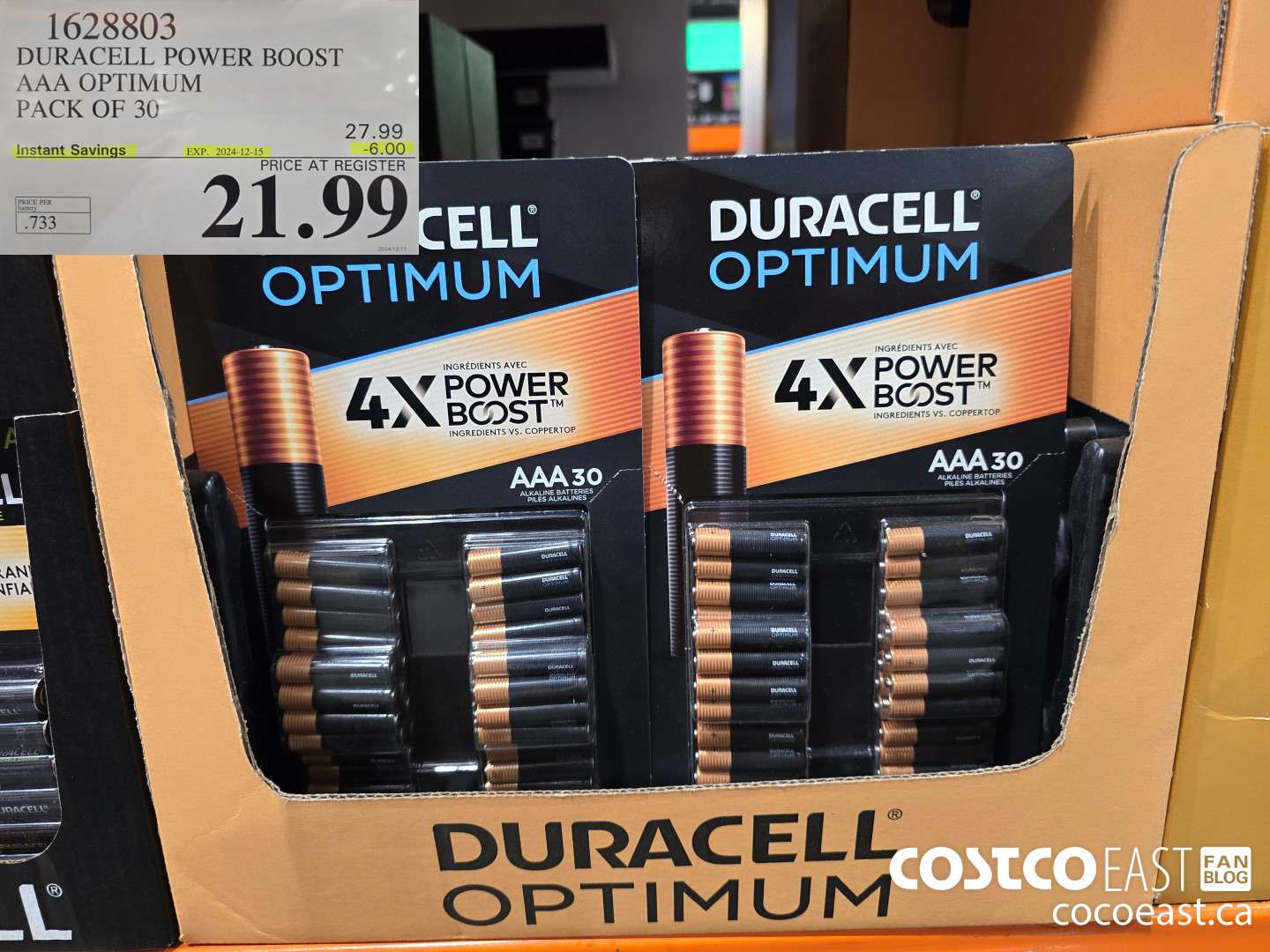 1628803 DURACELL POWER BOOST AAA OPTIMUM PACK OF 30 ($6.00 INSTANT SAVINGS EXPIRES ON 2024-12-15) $21.99