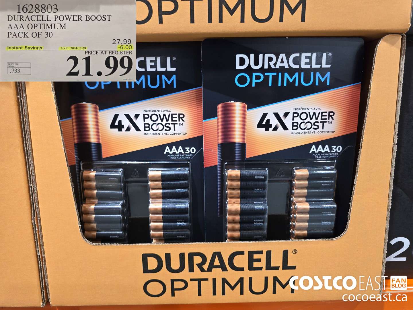 1628803 DURACELL POWER BOOST AAA OPTIMUM PACK OF 30 ($6.00 INSTANT SAVINGS EXPIRES ON 2024-12-29) $21.99