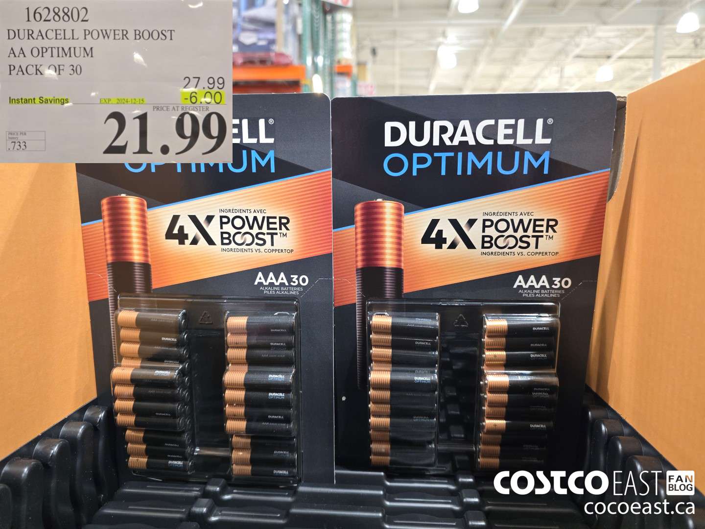 1628802 DURACELL POWER BOOST AA OPTIMUM PACK OF 30 ($6.00 INSTANT SAVINGS EXPIRES ON 2024-12-15) $21.99