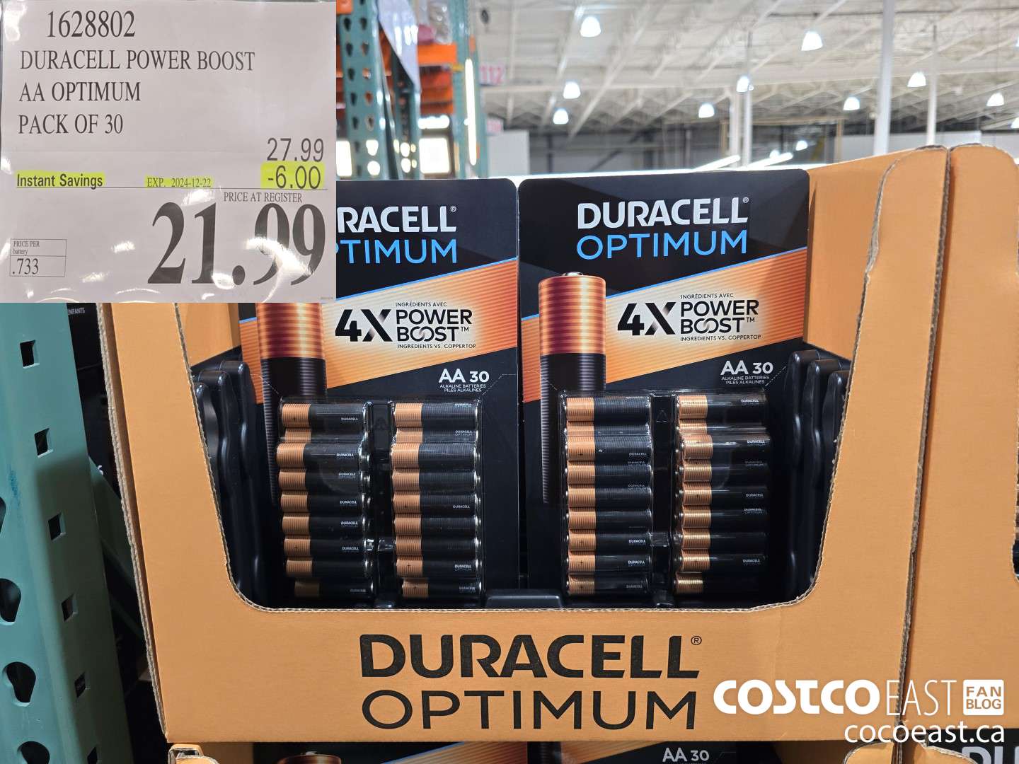 1628802 DURACELL POWER BOOST AA OPTIMUM PACK OF 30 ($6.00 INSTANT SAVINGS EXPIRES ON 2024-12-22) $21.99