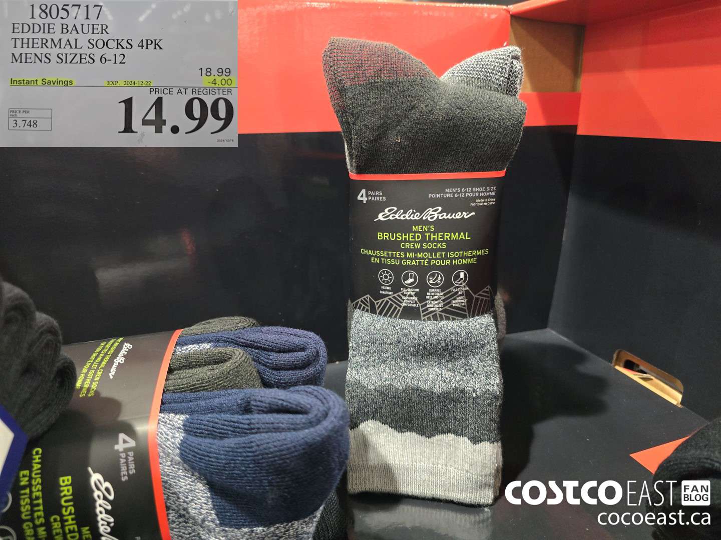 1805717 EDDIE BAUER THERMAL SOCKS 4PK MENS SIZES 6-12 ($4.00 INSTANT SAVINGS EXPIRES ON 2024-12-22) $14.99