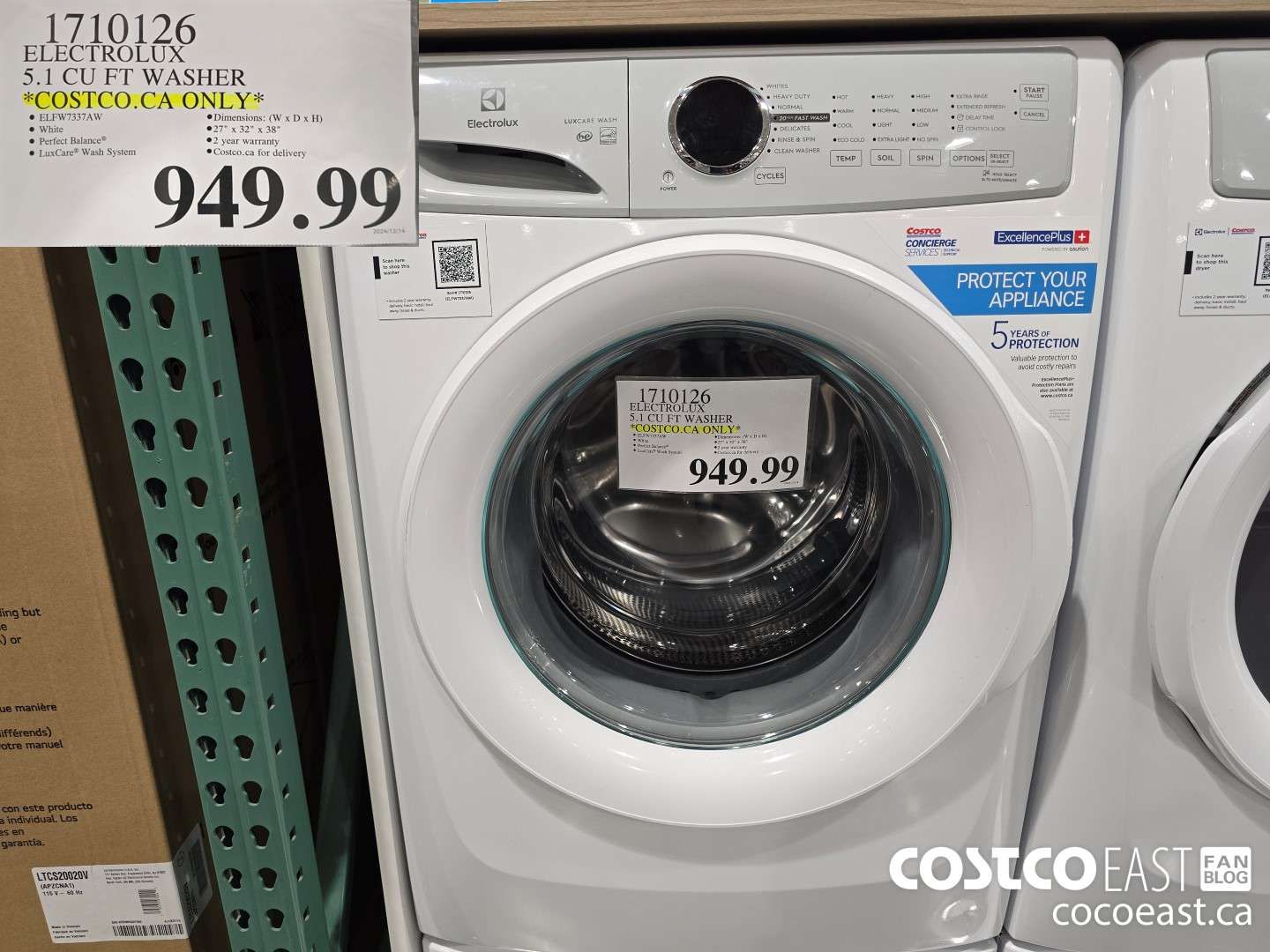 1710126 ELECTROLUX 5.1 CU FT WHITE WASHER *COSTCO.CA ONLY* $949.99