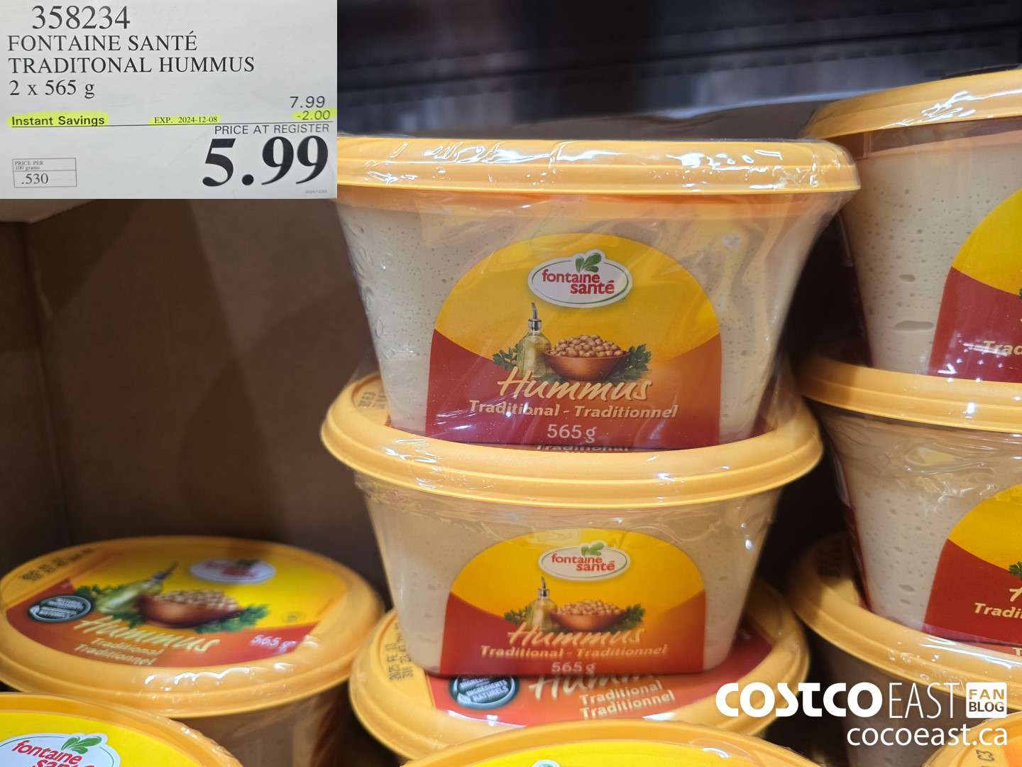 358234 FONTAINE SANTE TRADITONAL HUMMUS 2x 565 G ($2.00 INSTANT SAVINGS EXPIRES ON 2024-12-08) $5.99