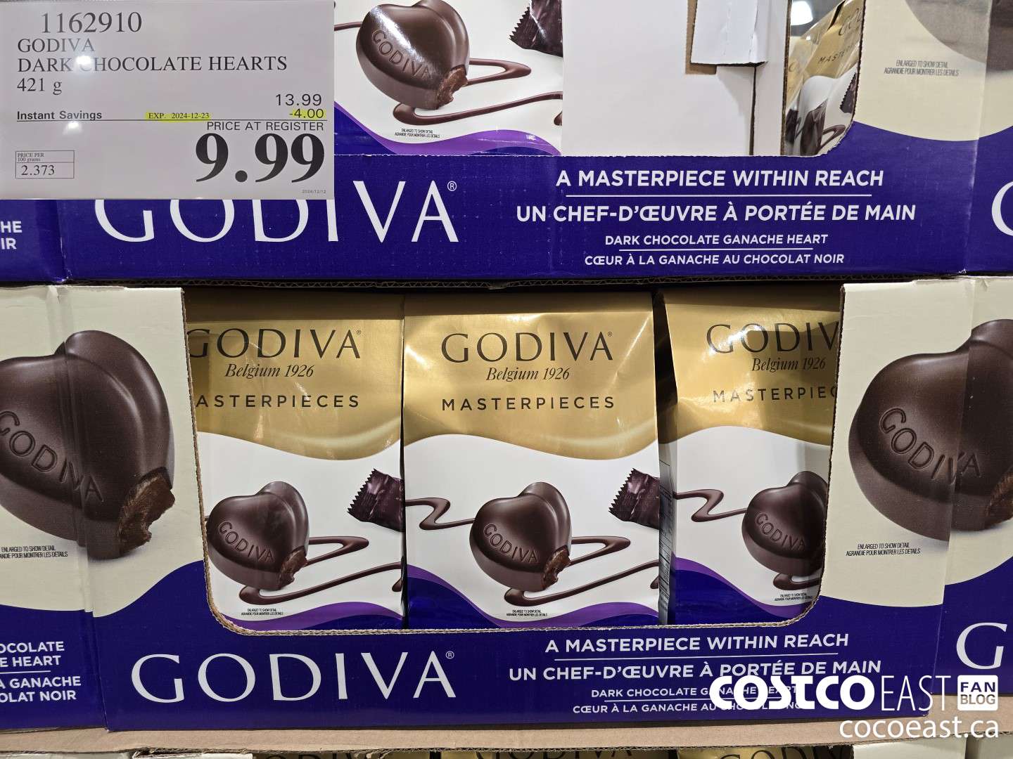 1162910 GODIVA DARK CHOCOLATE HEARTS 421 G ($4.00 INSTANT SAVINGS EXPIRES ON 2024-12-23) $9.99