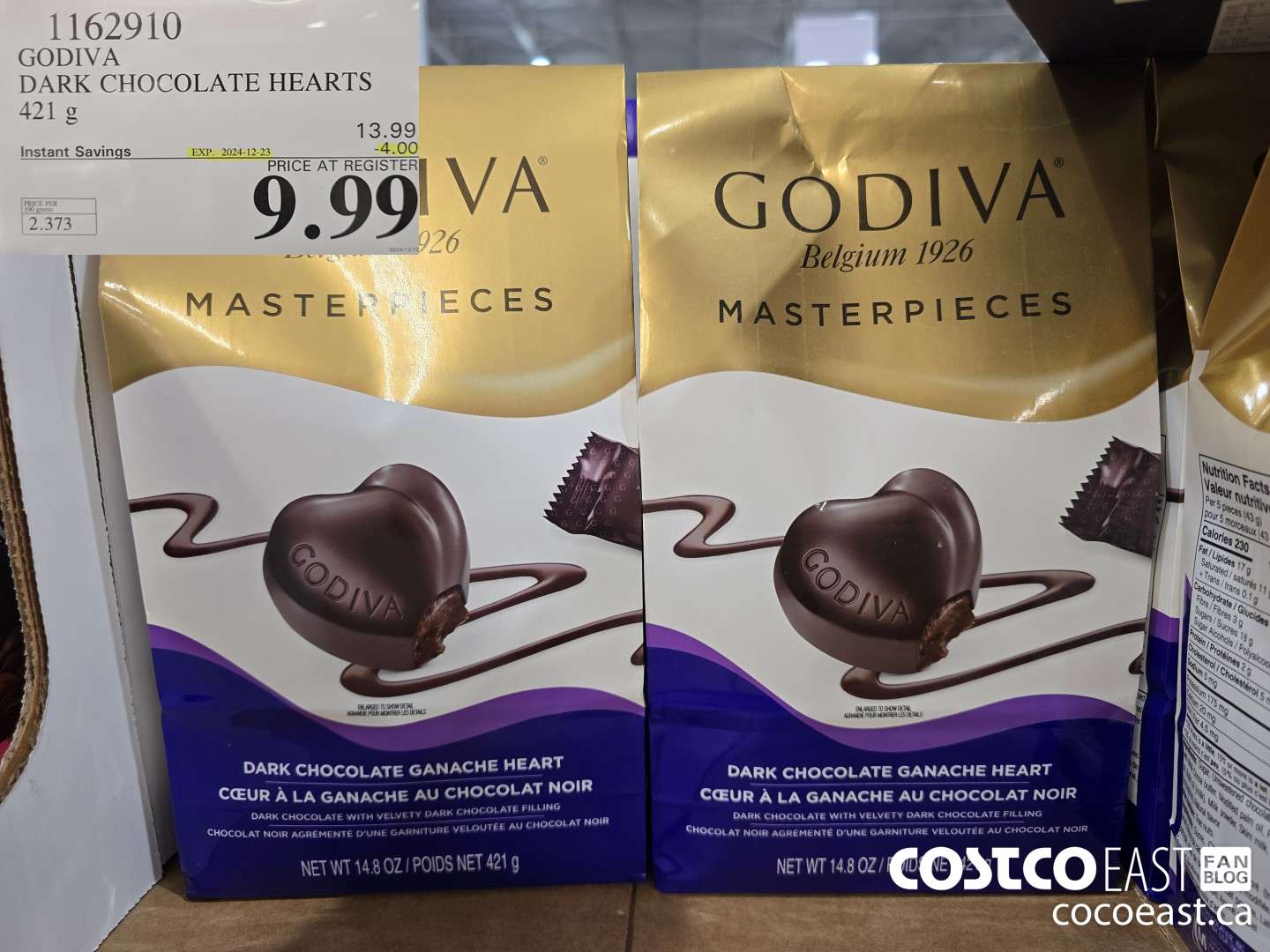 1162910 GODIVA DARK CHOCOLATE HEARTS 421 G ($4.00 INSTANT SAVINGS EXPIRES ON 2024-12-23) $9.99
