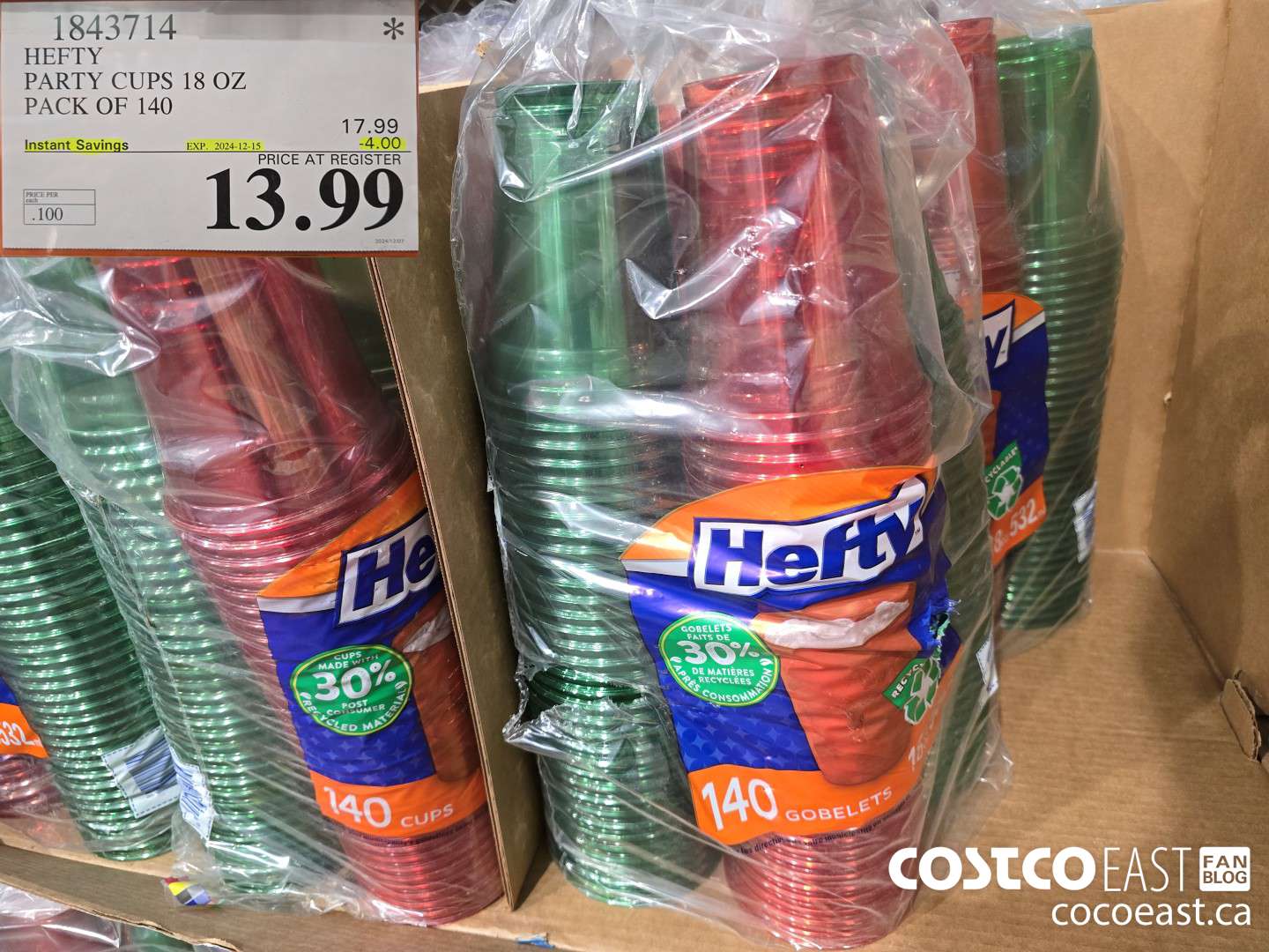 1843714 HEFTY PARTY CUPS 18 OZ PACK OF 140 ($4.00 INSTANT SAVINGS EXPIRES ON 2024-12-15) $13.99