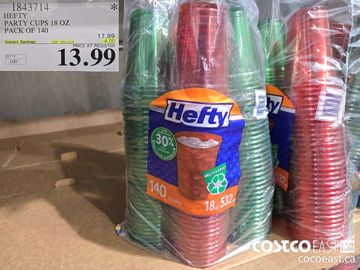 1843714 HEFTY PARTY CUPS 18 OZ PACK OF 140 ($4.00 INSTANT SAVINGS EXPIRES ON 2024-12-29) $13.99
