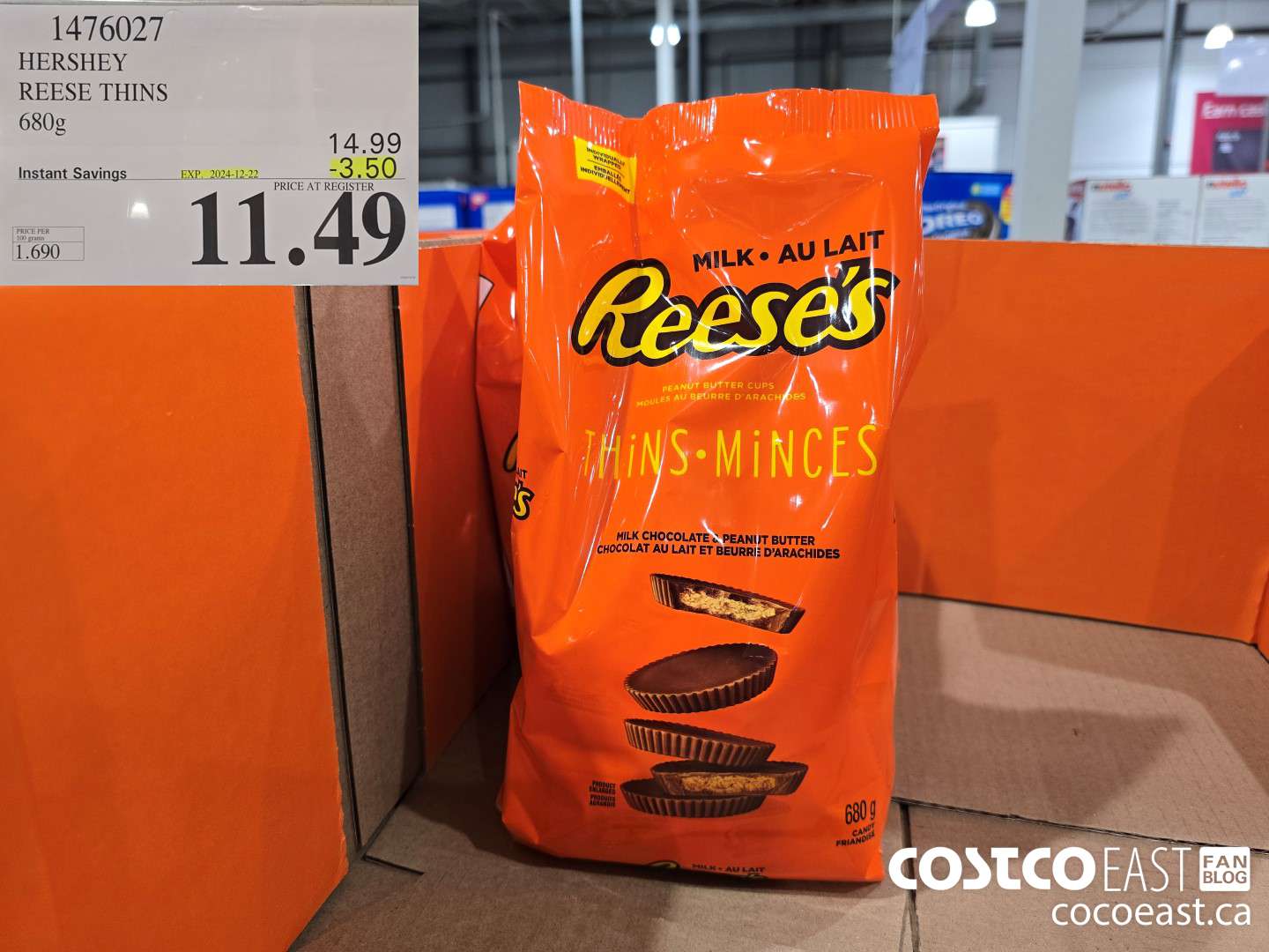 1476027 HERSHEY REESE THINS 680g ($3.50 INSTANT SAVINGS EXPIRES ON 2023-12-22) $11.49