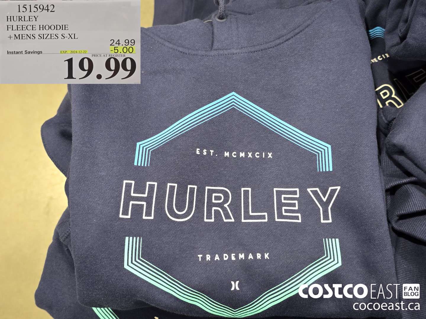 1515942 HURLEY FLEECE HOODIE + MENS SIZES S-XXL ($5.00 INSTANT SAVINGS EXPIRES ON 2024-12-22) $19.99