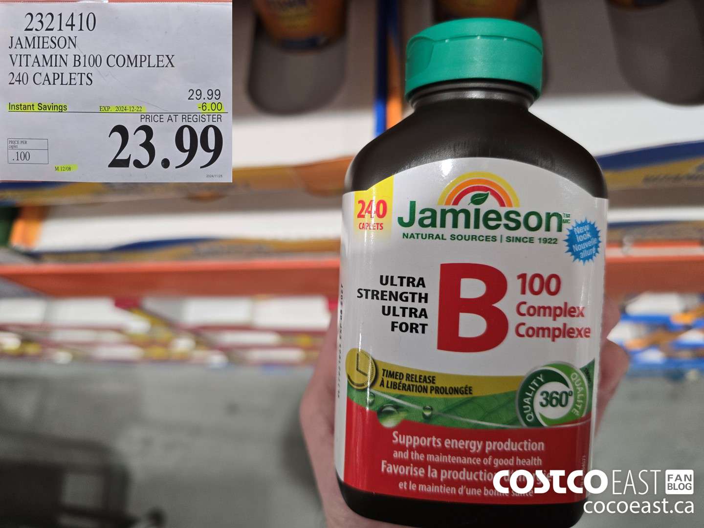 2321410 JAMIESON VITAMIN B100 COMPLEX 240 CAPLETS ($6.00 INSTANT SAVINGS EXPIRES ON 2024-12-22) $23.99