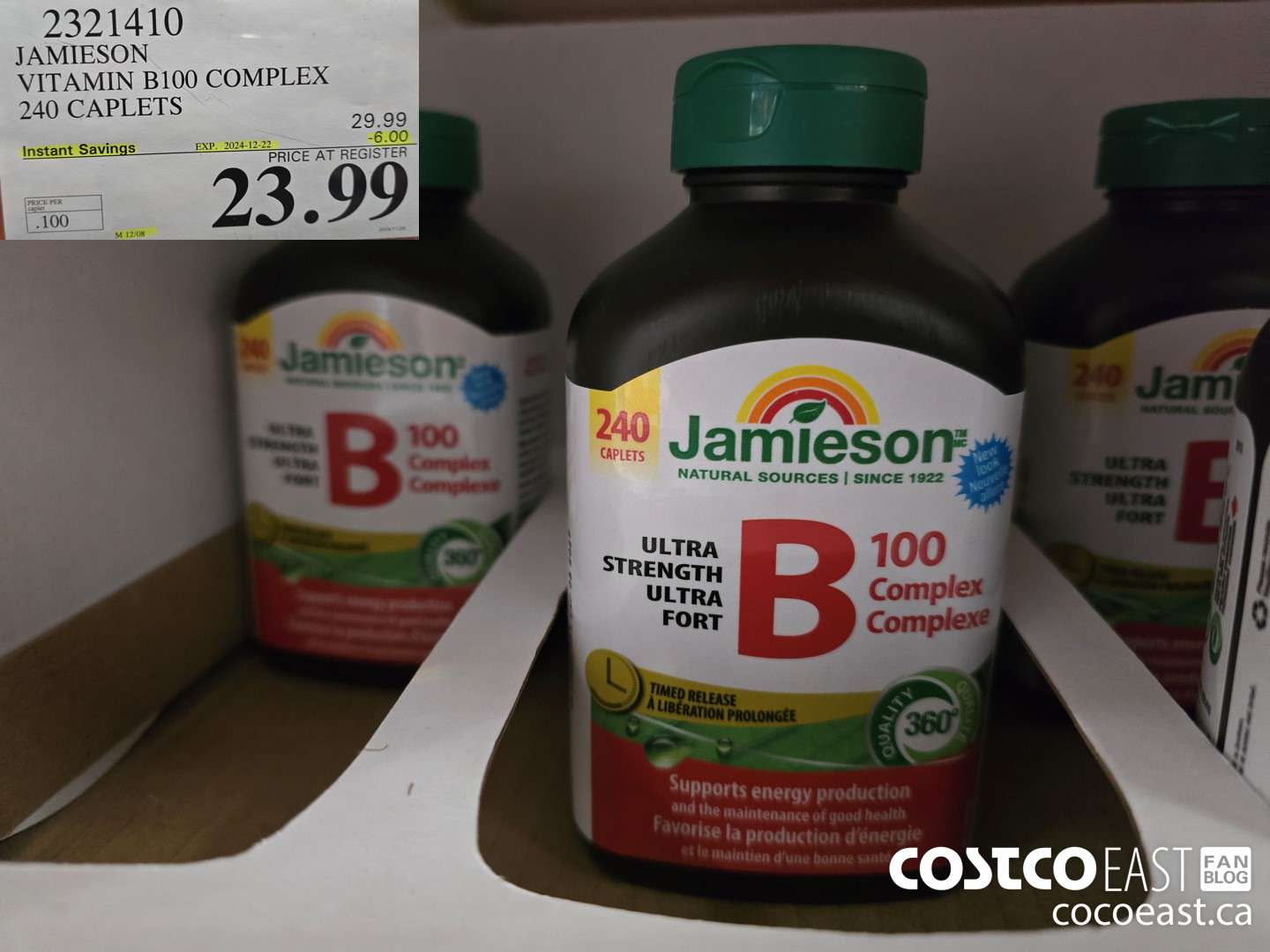 2321410 JAMIESON VITAMIN B100 COMPLEX 240 CAPLETS ($6.00 INSTANT SAVINGS EXPIRES ON 2024-12-22) $23.99