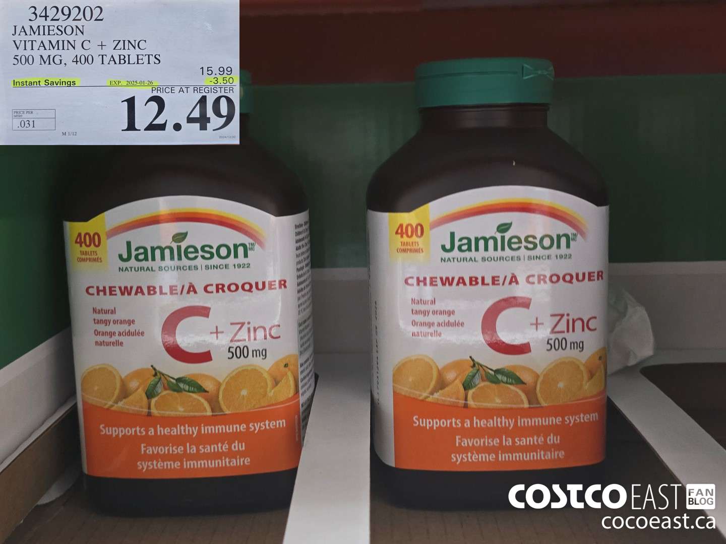 3429202 JAMIESON VITAMIN C+ZINC 500MG 400 TABLET ($3.50 INSTANT SAVINGS EXPIRES ON 2025-01-26) $12.49